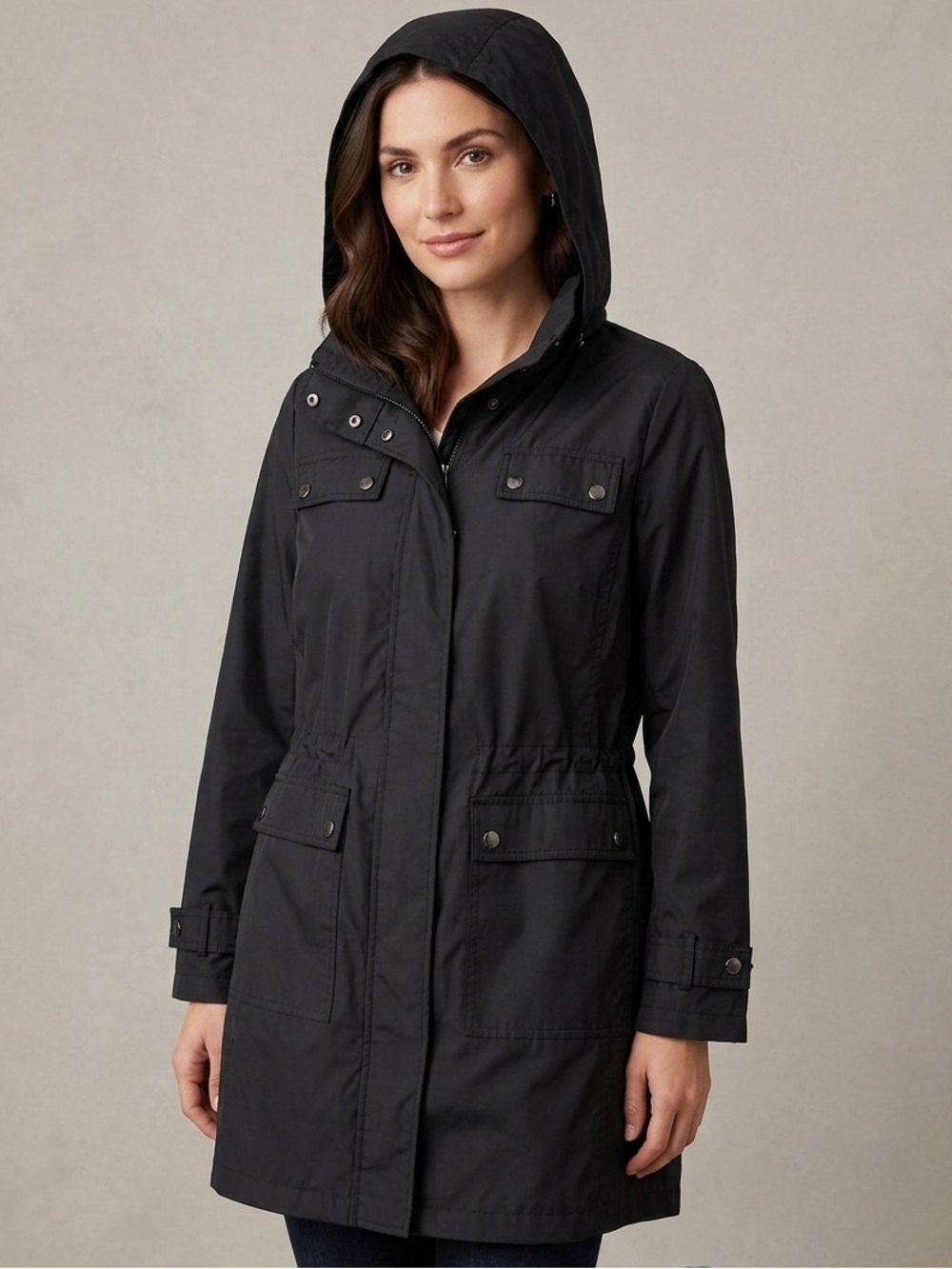 Alfani Petite Black Mid-Length Hooded Rain Trench Coat‎ - P/L
